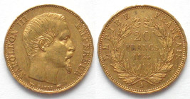 FRANCE. 20 Francs 1855 A Paris, dog head NAPOLEON III, gold, AU
KM # 781.1, Gadoury 1061. Weight: 6.45 g Fineness: 900 ‰ ( 5.81 g fine)