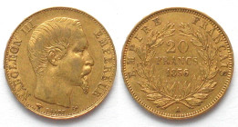FRANCE. 20 Francs 1856 A Paris, NAPOLEON III, gold, AU
KM # 781.1. Weight: 6.45 g Fineness: 900 ‰ ( 5.81 g fine)