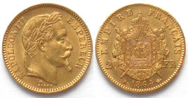 FRANCE. 20 Francs 1864 A Paris, NAPOLEON III, gold, UNC-!
KM # 801.1, Weight: 6.45 g Fineness: 900 ‰ ( 5.81 g fine)