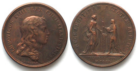 1651. LA MAJORITÉ DU ROI.
AE Medaille par Jean Mauger (1648-1722). 41mm, 32.9g. REGE LEGITIMAM AETATEM ADEPTO SEPTEMB. VII. MDCLI. Sans poinçon. Orig...