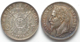 FRANCE. 2 Francs 1868 BB, Napoleon III, silver, AU!
KM 807.1, Gadoury 527