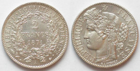 FRANCE. 2 Francs 1871 A, silver, BU!
TROISIÈME RÉPUBLIQUE. 2 Francs 1871 A, Ceres, argent FDC! Gadoury 530. Extremely rare in this condition!