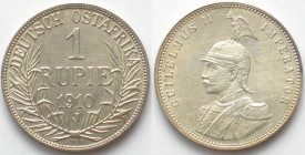 GERMAN EAST AFRICA 1 Rupie 1910 J, WILHELM II, silver SCARCE! UNC-!
Jaeger 722. KM # 10. Hairlines