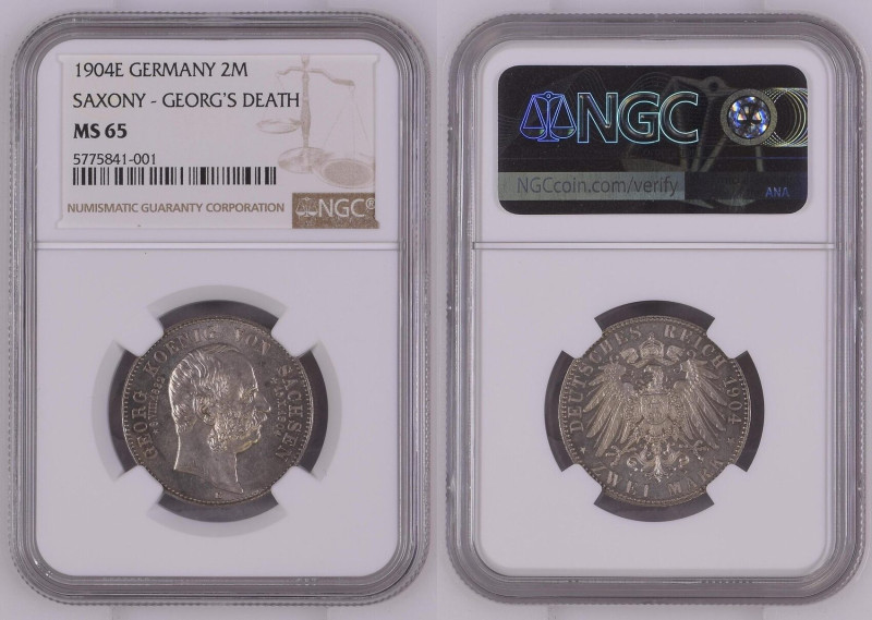 SAXONY 2 Mark 1904 E, Death of the King GEORG, silver, NGC MS 65
Jaeger 132, KM...