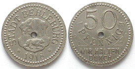 GERMANY. Notgeld, Berleburg (Westfalen), 50 Pfennig 1918, iron, 1.7mm thick flan, AU, very scarce!
Gewicht / weight: 6.4g, Funck 38.2a.