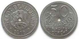 GERMANY. Notgeld, Berleburg (Westfalen), 50 Pfennig 1918, iron, 1mm thin flan, UNC, scarce!
Gewicht / weight: 4.2g, Funck 38.2a.