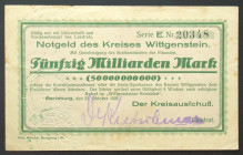 GERMANY. Notgeld. Kreis Wittgenstein, 50 Billion Mark 31.10.1923, VF+, rare!
Wittgenstein (Westfalen), 50 Milliarden Mark 31.10.1923, III+, sehr selt...