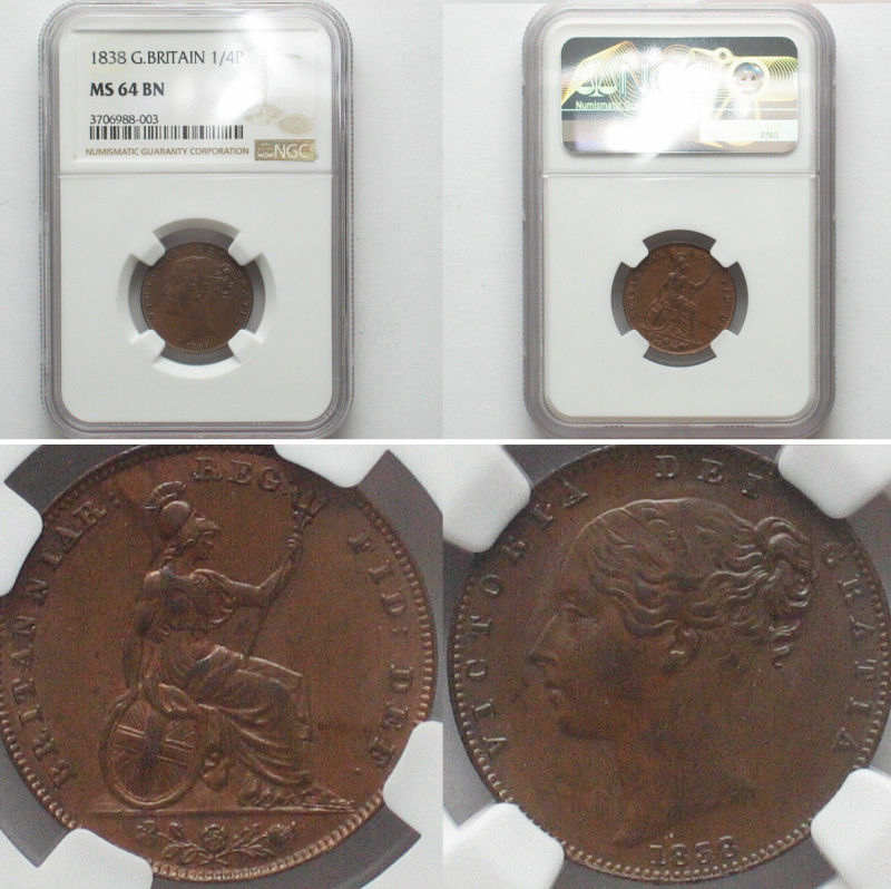 GREAT BRITAIN. Farthing 1838 VICTORIA, copper, NGC MS 64 BN
KM # 725