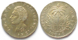 HAITI. 100 Centimes An 27 (1830), President Boyer, silver, UNC-!
KM # A23, golden toning