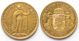 HUNGARY. 10 Korona 1910, FRANZ JOSEPH I, gold, Prooflike early strike
KM # 485. Gold Weight: 3.39 g Fineness: 900 ‰ ( 3.05 g fine) Frosty reliefs, mi...