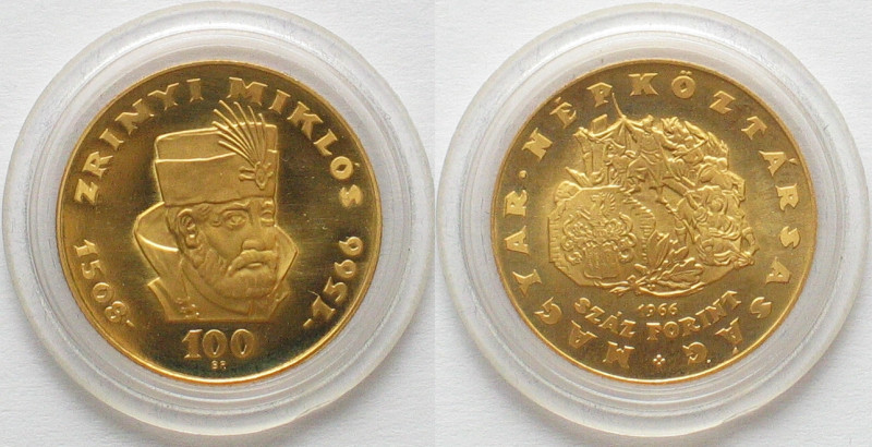 HUNGARY. 100 Forint 1966, MIKLOS ZRINYI, gold Proof
KM # 569. Gold Weight: 8.41...