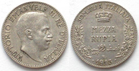 ITALIAN SOMALILAND. 1/2 Rupia 1913, Vittorio Emanuele III, silver, XF
SOMALIA ITALIANA. Mezza Rupia 1913, Vittorio Emanuele III, argento, KM # 5