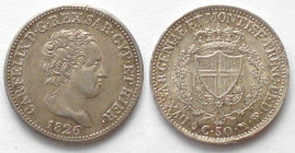 SARDINIA. 50 Centesimi 1826 L, Turin, CARLO FELICE, silver, AU/UNC!
KM # 124.1