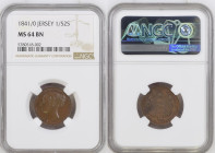 JERSEY. 1/52 Shilling 1841 - 1 over 0 - VICTORIA, copper, NGC MS 64 BN, Top Pop!
KM # 1