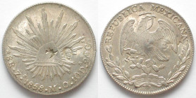 MEXICO. 8 Reales 1858 Zs - Zacatecas, silver, AU, rare chopmark!
KM # 377.13. Scarce condition Zacatecas Mexican Peso with 3 sign and 1 oval chopmark...