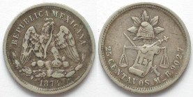 MEXICO. 25 Centavos 1874 Mo B, silver, VF
KM # 406.7