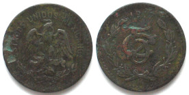MEXICO. 5 Centavos 1917 Mo, bronze, VF, key date!
KM # 422, flan errors
