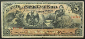 MEXICO. Banco del Estado de Mexico. 5 Pesos 22.10.1912, Serie B, Fine
P # S329c.