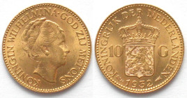 NETHERLANDS. 10 Gulden 1932, WILHELMINA, gold, BU!
KM # 162, Weight: 6.73 g Fineness: 900 ‰ ( 6.06 g fine)