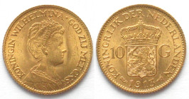 NETHERLANDS. 10 Gulden 1913, WILHELMINA, gold, BU!
KM # 149, Weight: 6.73 g Fineness: 900 ‰ ( 6.06 g fine)