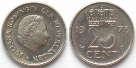 NETHERLANDS. 25 Cents 1973, Juliana, strike through mint error, rare!
KM # 183. NEDERLANDEN. 25 Cents 1973, Juliana, misslag!