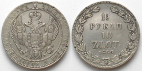 POLAND. 10 Zlotych - 1-1/2 Roubles 1835 NG, Nicholas I, silver, XF-!
C# 134. Gewicht / weight / poids / вес: 30.7g, Schrötlingsfehler am Rande, s. Ab...