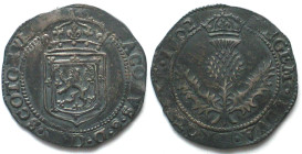 SCOTLAND. Half thistle merk 1602, JAMES VI, Eighth coinage, silver, XF!
KM # 15. 1/2 Merk (= 6 Shillings 8 Pence = 1/8 Dollar) of James VI of Scotlan...