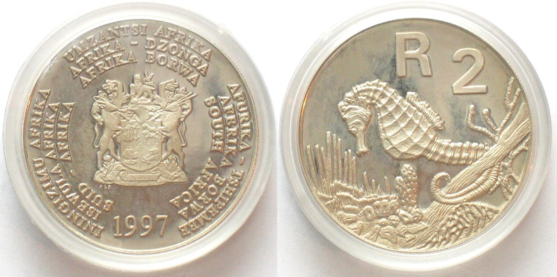 SOUTH AFRICA. 2 Rand 1997, Knysna Seahorse, Endangered Wildlife, silver, Proof
...