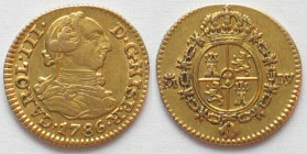 SPAIN. 1/2 Escudo 1786 DV Madrid, CARLOS III, gold, XF
KM # 425.1. Weight: 1.69 g Fineness: 875 ‰ ( 1.48 g fine)