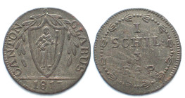 GLARUS. Kanton. Schilling (3 Rappen) 1813, Wappen mit Lorbeerzweigen, Billon, vz(XF)
HMZ 2-374k. Übliche Schrötlingsfehler / Usual flan errors.