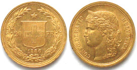 SWITZERLAND. 20 Francs 1886 HELVETIA, gold UNC!
HMZ 2-1194b. Material: Gold Gewicht: 6,45 g Feingehalt: 900 ‰ (Feingewicht 5,81 g)