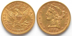 US. 1895 CORONET HEAD 5 Dollars. HALF EAGLE, gold, AU
KM # 101. Weight: 8.36 g Fineness: 900 ‰ ( 7.52 g fine)