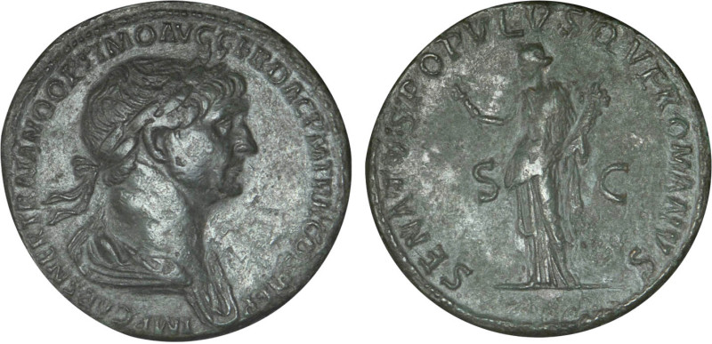 TRAJAN (98-117)
Sesterce : La Félicité debout à gauche, tenant un caducée & une...