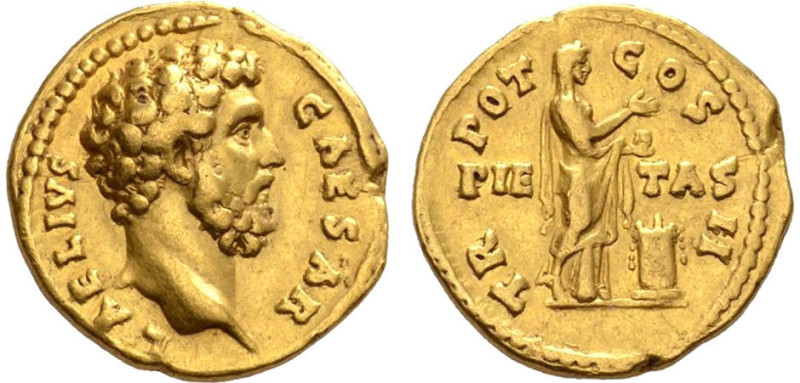 AELIUS (César 136-138)
Aureus : (Tête à droite) - La Piété debout à droite - un...