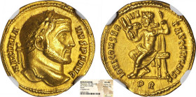 GALÈRE MAXIMIEN (305-311)
Aureus : Jupiter assis sur un trône à gauche tenant la foudre et un sceptre
 PR - SUP 58 (SUP)
Très Rare !! - NGC ch AU
...