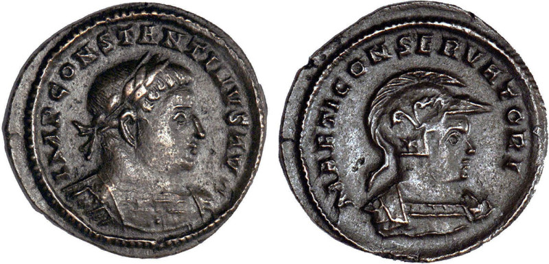 CONSTANTIN I LE GRAND (307-337)
Follis : Buste casqué et cuirassé de Mars à dro...