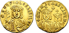 THÉOPHILE (829-842)
Solidus : Buste de Théophile couronné de face - R/: Bustes de Michel II & de Constantin couronnés de face
 - TTB 40 (TTB+)
Rare...