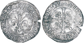 JEAN II le Bon (1350-1364)
Gros à la fleur de lis, dit "Patte d'oie", 2e émission
 - TTB 40 (TTB+)
Rare surtout en l'état !, lg. éclat


D 304a...