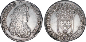 LOUIS XIV le Grand (1643-1715)
Écu blanc au buste juvénile, 2e type
1671 9 - TTB 45 (TTB++)
Rare !, léger ajust. & nett. ancien
Beau portrait. Lég...