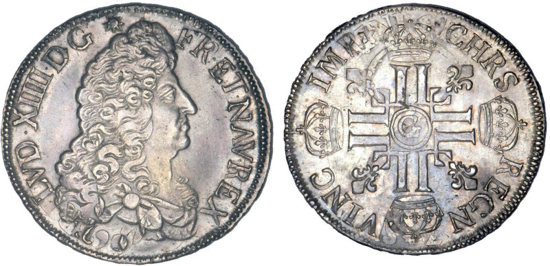LOUIS XIV le Grand (1643-1715)
Écu aux 8 L, 1er type
1690 G - SUP 53 (SUP-)
r...