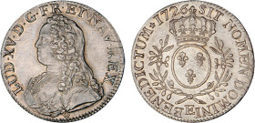 LOUIS XV le Bien aimé (1715-1774)
Écu aux branches d'olivier & au buste habillé
1726 E - SPL 62 (SUP++)
infime aju., Très Rare en l'état !!


DR...
