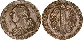 PÉRIODE RÉVOLUTIONNAIRE
6 DENIERS type "FRANÇOIS"
1792 MA - TTB 35 (TTB)
Rare surtout en l'état !


G 8, R 32, KM# 610
MARSEILLE - CUIVRE - 5,8...