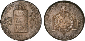PÉRIODE RÉVOLUTIONNAIRE
2 SOLS à la balance type "daté"
1793 T - TTB 35 (TTB)
Rare ! - Loi lisible à 40%


G 31, R 74, KM# 621
NANTES - MDC - 2...