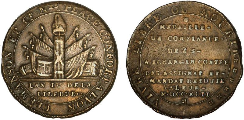 PÉRIODE RÉVOLUTIONNAIRE
2 SOLS DE CLEMANSON, cuivre jaune fondu
1792 - TTB 35 ...