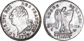 PÉRIODE RÉVOLUTIONNAIRE
30 SOLS type "FRANÇOIS"
1792 W - TTB 40 (TTB+)
2e sem. - nettoyé, léger ajustage


G 39, R 42, KM# 606
LILLE - ARGENT -...