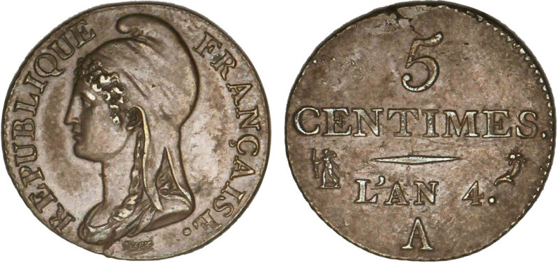 5 CENTIMES
5 CENTIMES, petit module
AN 4 A - SUP 55 (SUP)
léger paillage

...