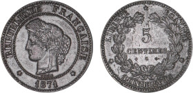 5 CENTIMES
5 CENTIMES type Cérès (défense nationale)
1871 K - TTB 45 (TTB++)
Rare ! - infimes coups tranche


G 157, F 118, KM# 821
BORDEAUX - ...
