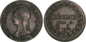 DÉCIME, 10 CENTIMES
DÉCIME, petit module
AN 4 D - SUP 58 (SUP)
refrappe : sans pt après décime


G 184, F 126, KM# 636
LYON - BRONZE - 9,97g
 ...