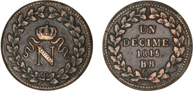 DÉCIME, 10 CENTIMES
UN DÉCIME Napoléon Ier (Strasbourg)
1815 BB - TTB 40 (TTB+)
Avec points


G 195, F 131, KM# 700
STRASBOURG - BRONZE - 20,53...