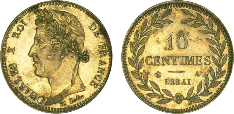 DÉCIME, 10 CENTIMES
10 CENTIMES Charles X, ESSAI
ND A - SUP 58 (SUP)
Laiton, ...